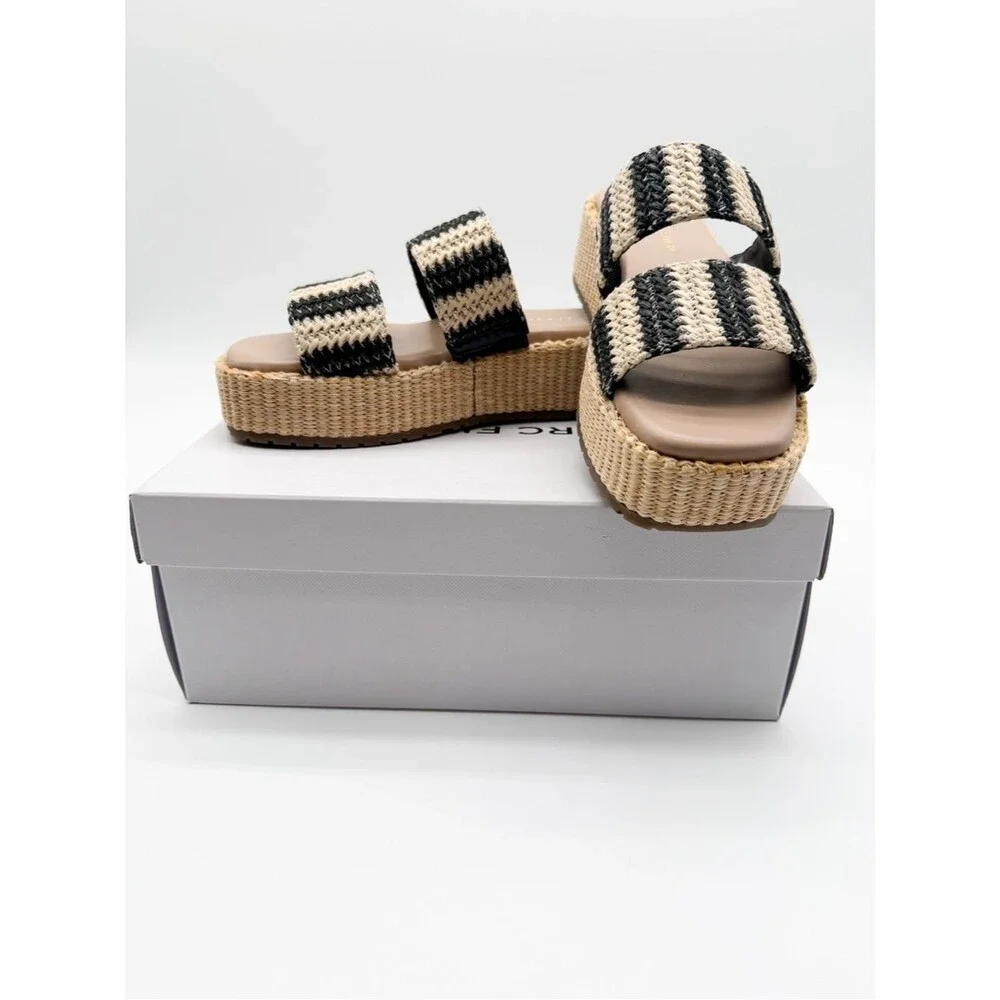 Marc Fisher Pelma Double Band Flatform Sandals Raffia Stripe Black 6.5 NEW